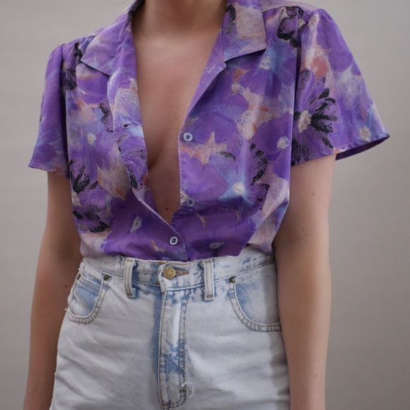 Button Up Shirt Vintage Collared Puff Short Sleeve Purple Floral Print Medium - Picture 7 of 7